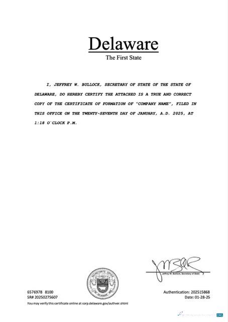 Download USA Delaware registration certificate Word and PDF template Photoshop template